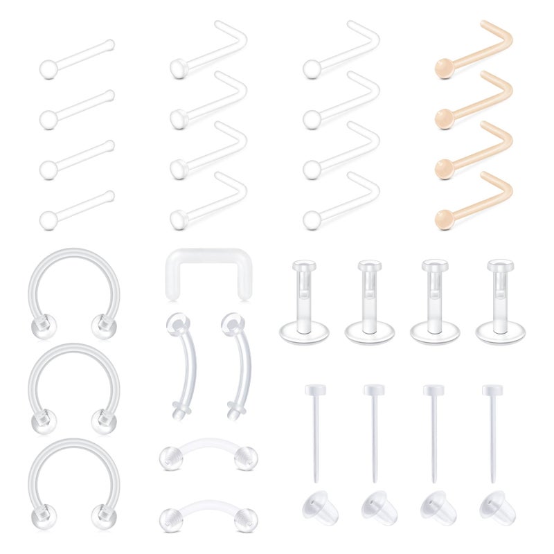 MODRSA Clear Nose Studs Clear Nose Rings for Work Plastic Nose Rings for Surgery Clear Nose Piercing Retainer Plastic Nose Stud Lip Septum Retainer Clear Earrings for Sports Plastic Belly Button Rings - Image 1